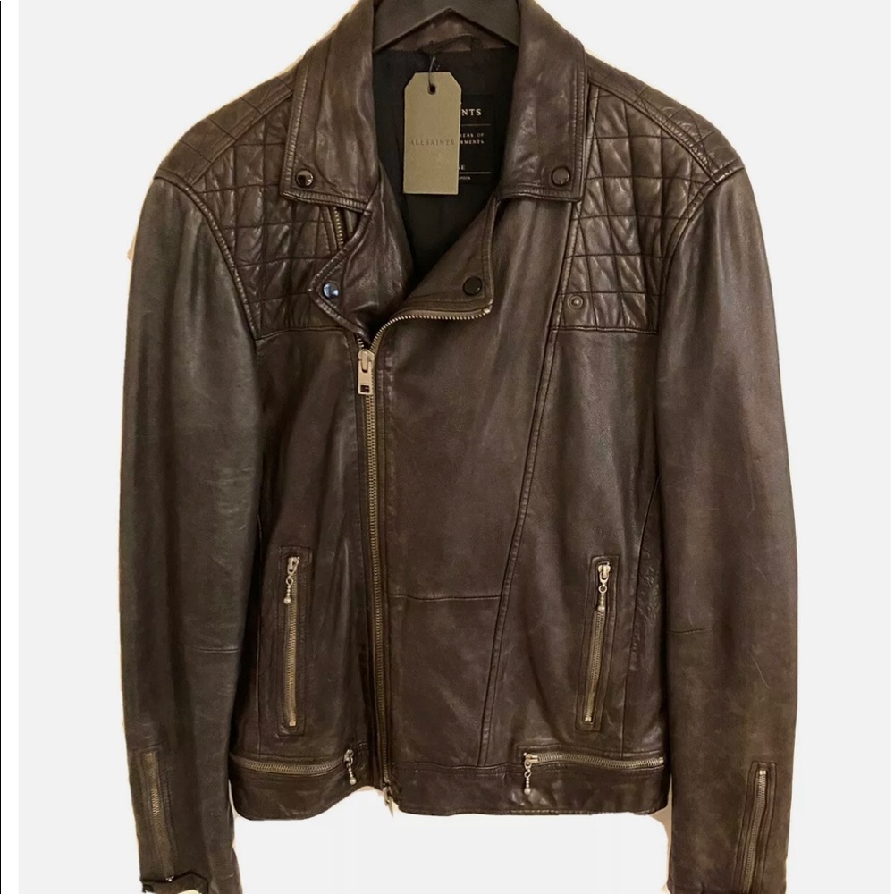 NWT  Mens AllSaints Rowley Leather Biker Jacket Bitter Brown